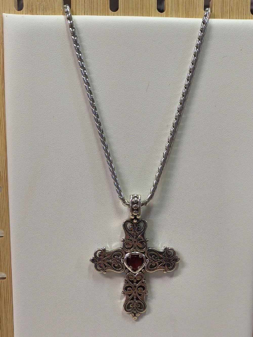 Brighton Large Cross Ornate Silver Cross Pendant Necklace with Red Heart Accent